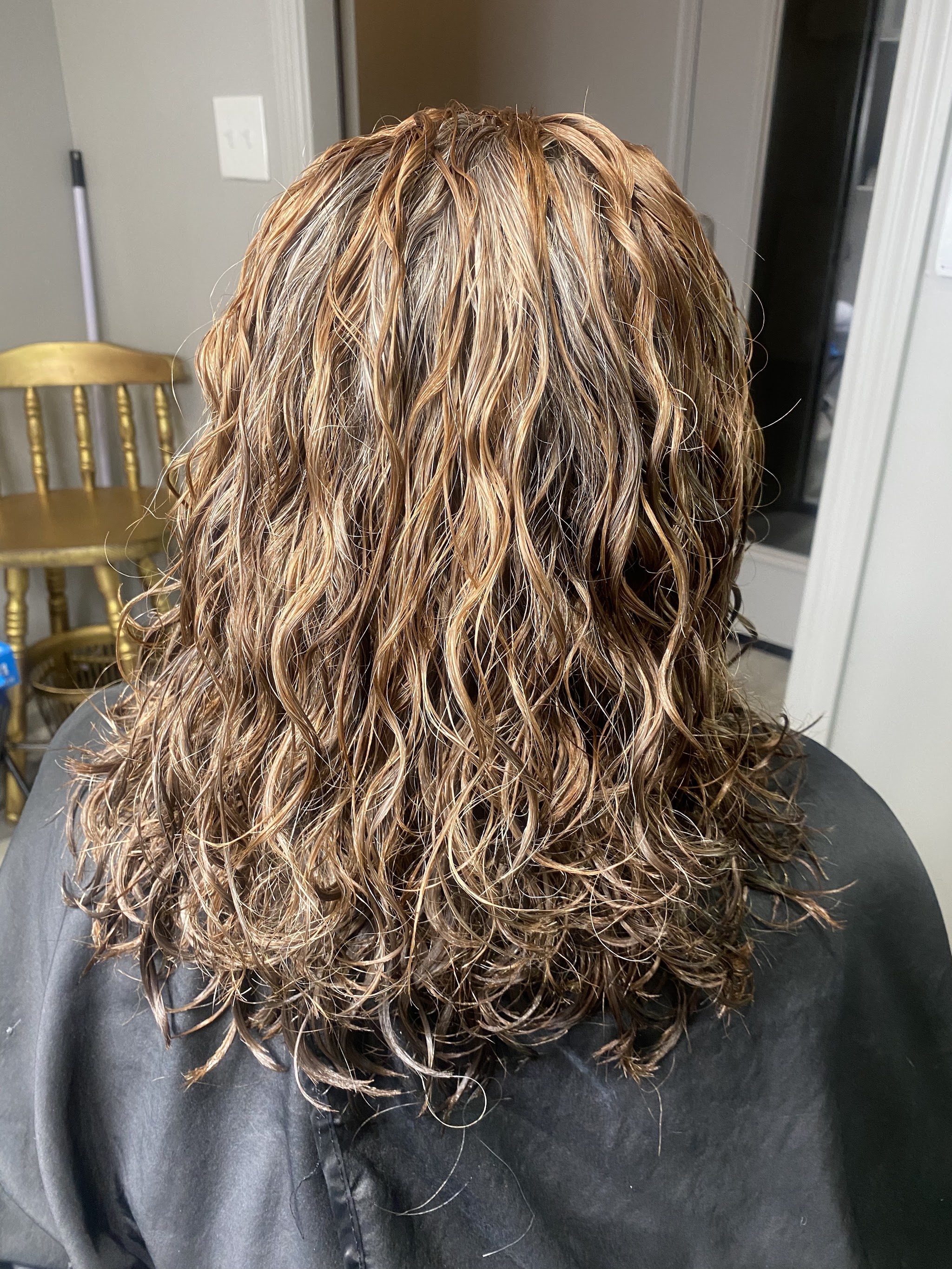 Soft wavy highlighted perm, finished at Hair By Dee