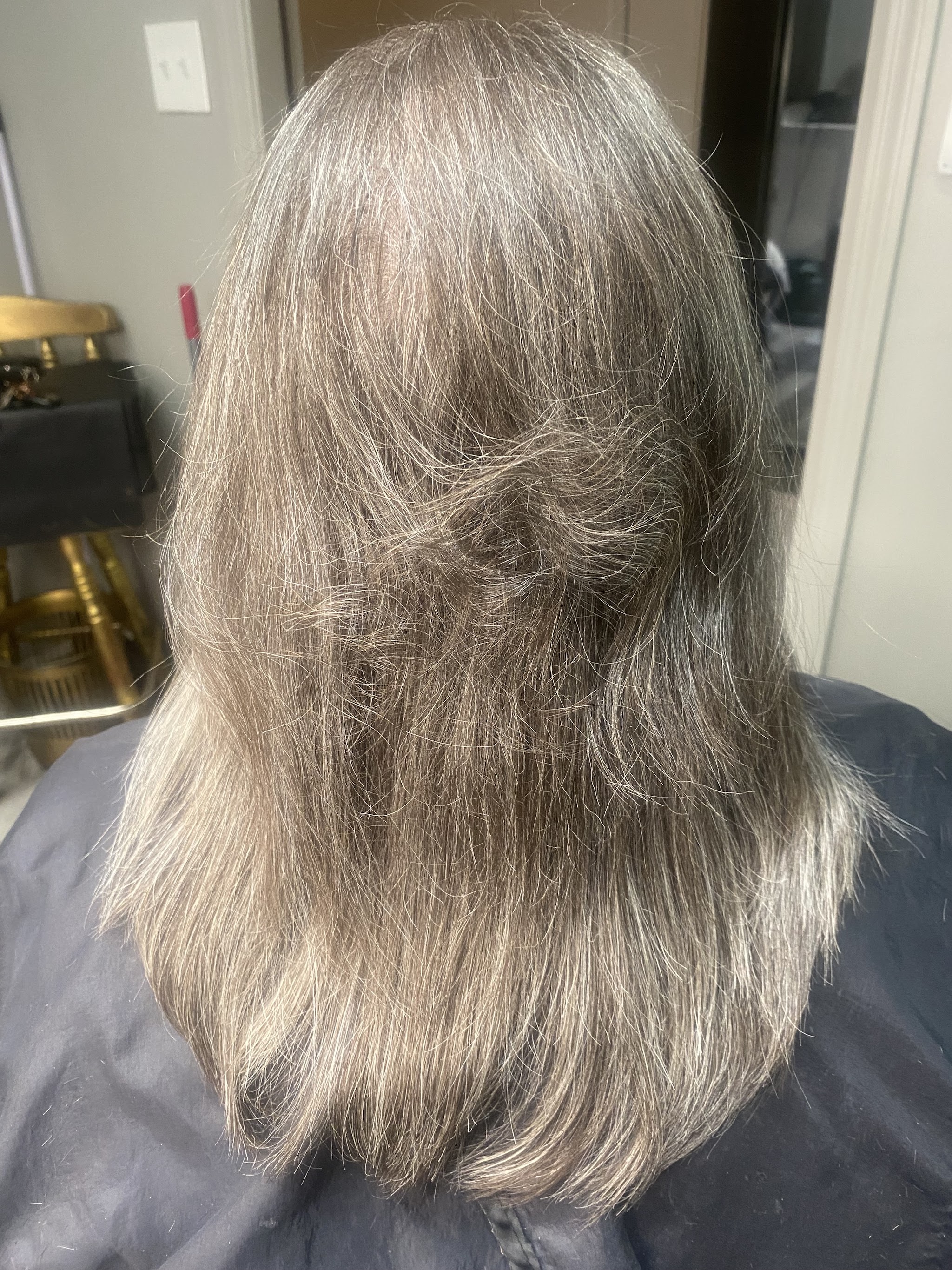 Long grey hair, smooth and healthy